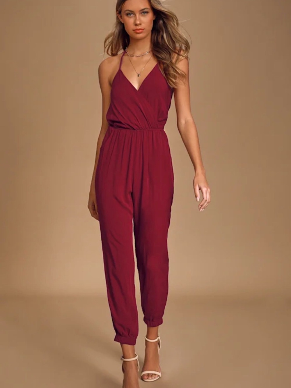 Lulu's Wine-Red Halter V-Neck Jumpsuit